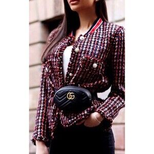 Zara Red Tweed Blazer Jacket With Striped Details Sz M Pearl Like Buttons